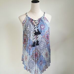 NWOT-Melissa Paige-Boho-Blue-Tassel- Tapestry-Blouse Top-Halter-Sleeveless-Small